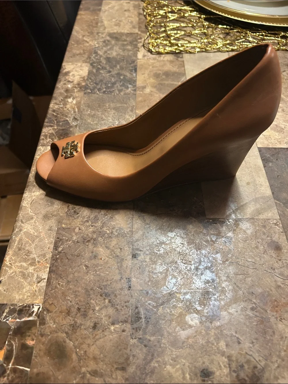 Tory Burch Tan Leather Peep-Toe Heel with Logo Accent
